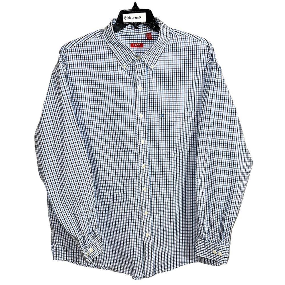 Izod Shirt Men’s Size 2XLT Blue White Checks Button Front Long Sleeve